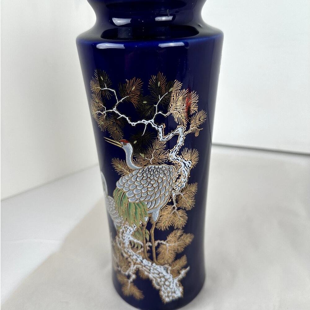 Japanese China Vase Cobalt Gold Floral Cranes Mid-Century Modern 11 Ins.